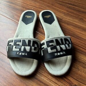 Fendi Slide Sandals in Light Gray and Black Logo Strap